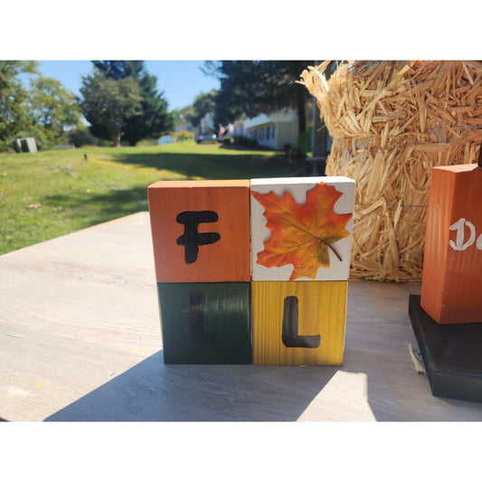 Rustic Wooden Block Set Spelling Fall With Leaf Design