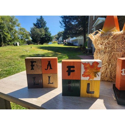 Rustic Wooden Block Set Spelling Fall With Leaf Design