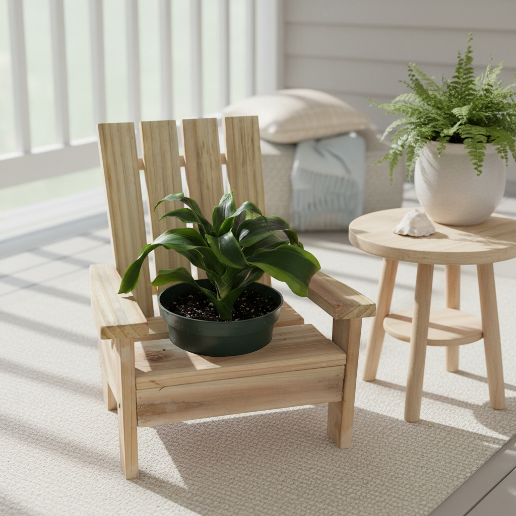 Wooden chair with a plant on a light-colored floor