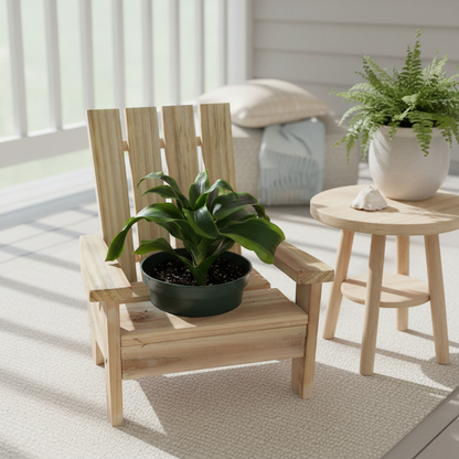 Wooden chair with a plant on a light-colored floor