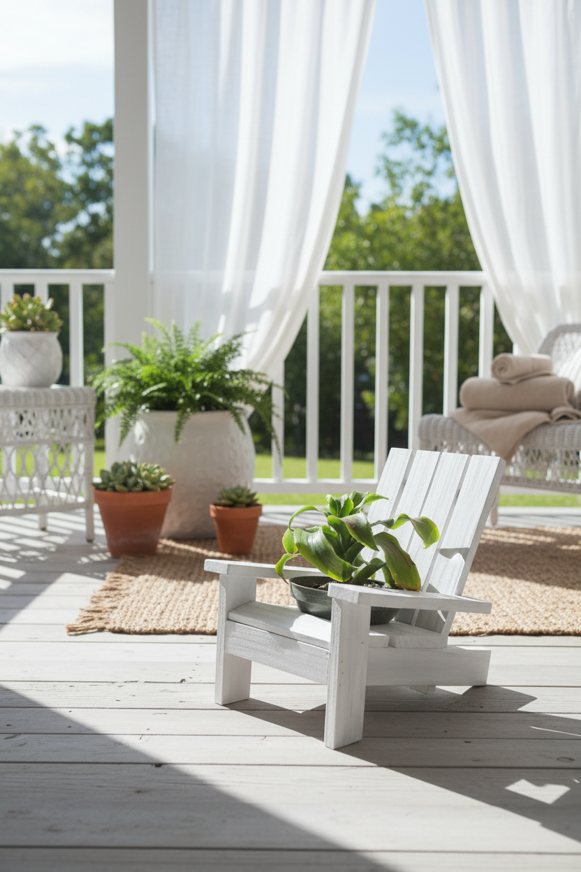 White outdoor chair with potted plants on a wooden deck