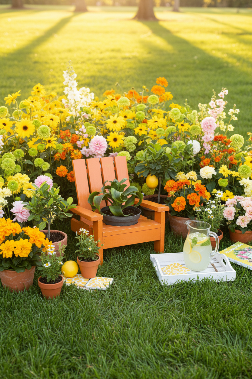 Outdoor setting with a wooden chair, potted plants, and a pitcher of lemonade on a grassy area.