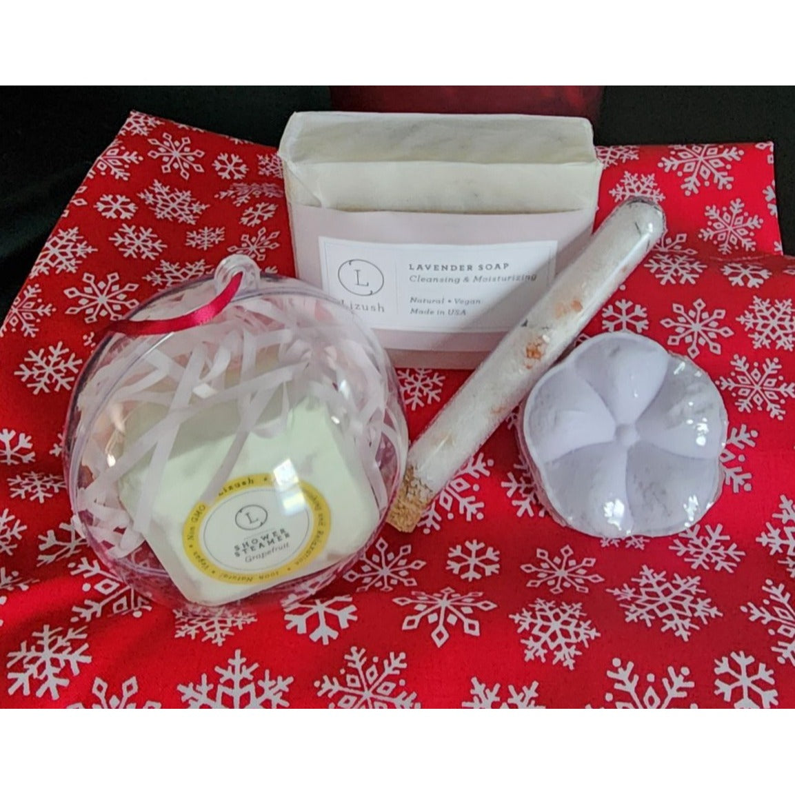 4 piece Lavender Spa Gift Set With Ornament Bath Bomb, Bath Salts, Soap & Shower Steamer