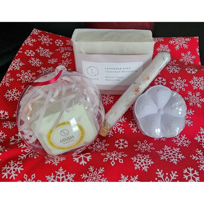 4 piece Lavender Spa Gift Set With Ornament Bath Bomb, Bath Salts, Soap & Shower Steamer
