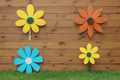 Whimsical Wooden Garden Flowers – Handcrafted Outdoor Decor for a Happy Spring Yard displayed on a wooden fence.