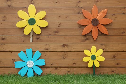 Whimsical Wooden Garden Flowers – Handcrafted Outdoor Decor for a Happy Spring Yard displayed on a wooden fence.