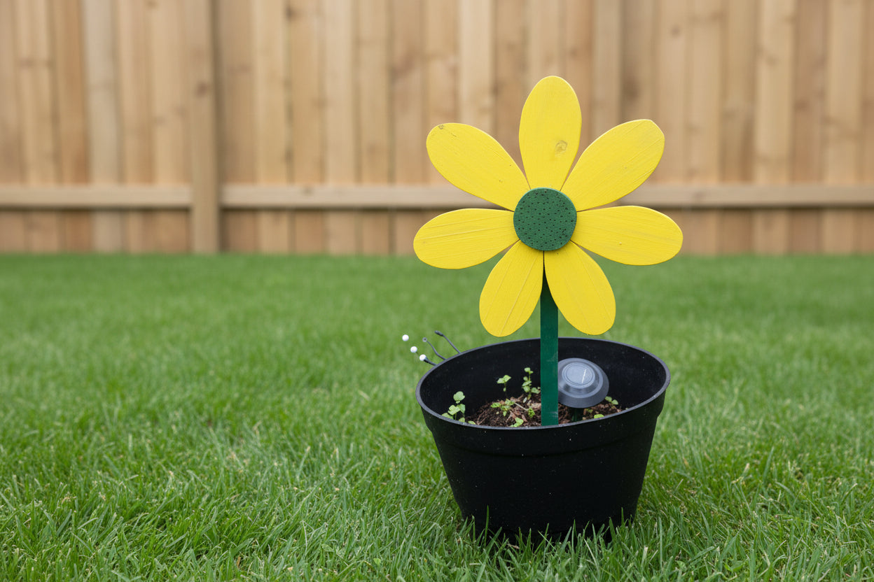 Whimsical Wooden Garden Flowers – Handcrafted Outdoor Decor for a Happy Spring Yard in a black pot.