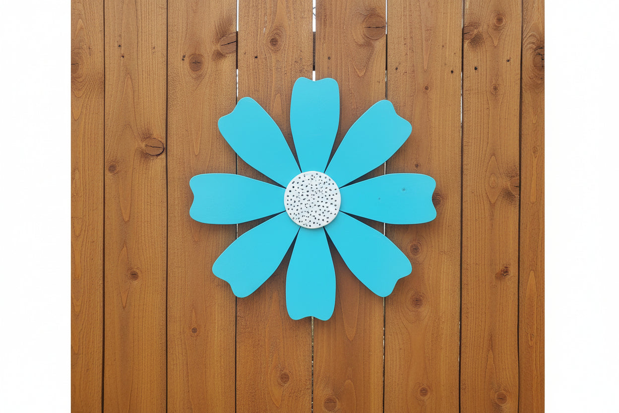 Whimsical Wooden Garden Flowers – Handcrafted Outdoor Decor for a Happy Spring Yard in bright blue against a wooden fence.