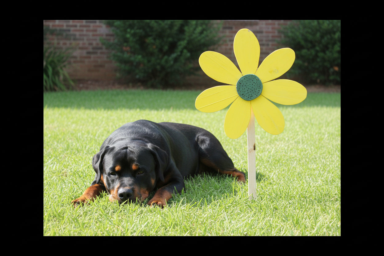 Whimsical Wooden Garden Flowers – Handcrafted Outdoor Decor for a Happy Spring Yard with a dog in the grass.