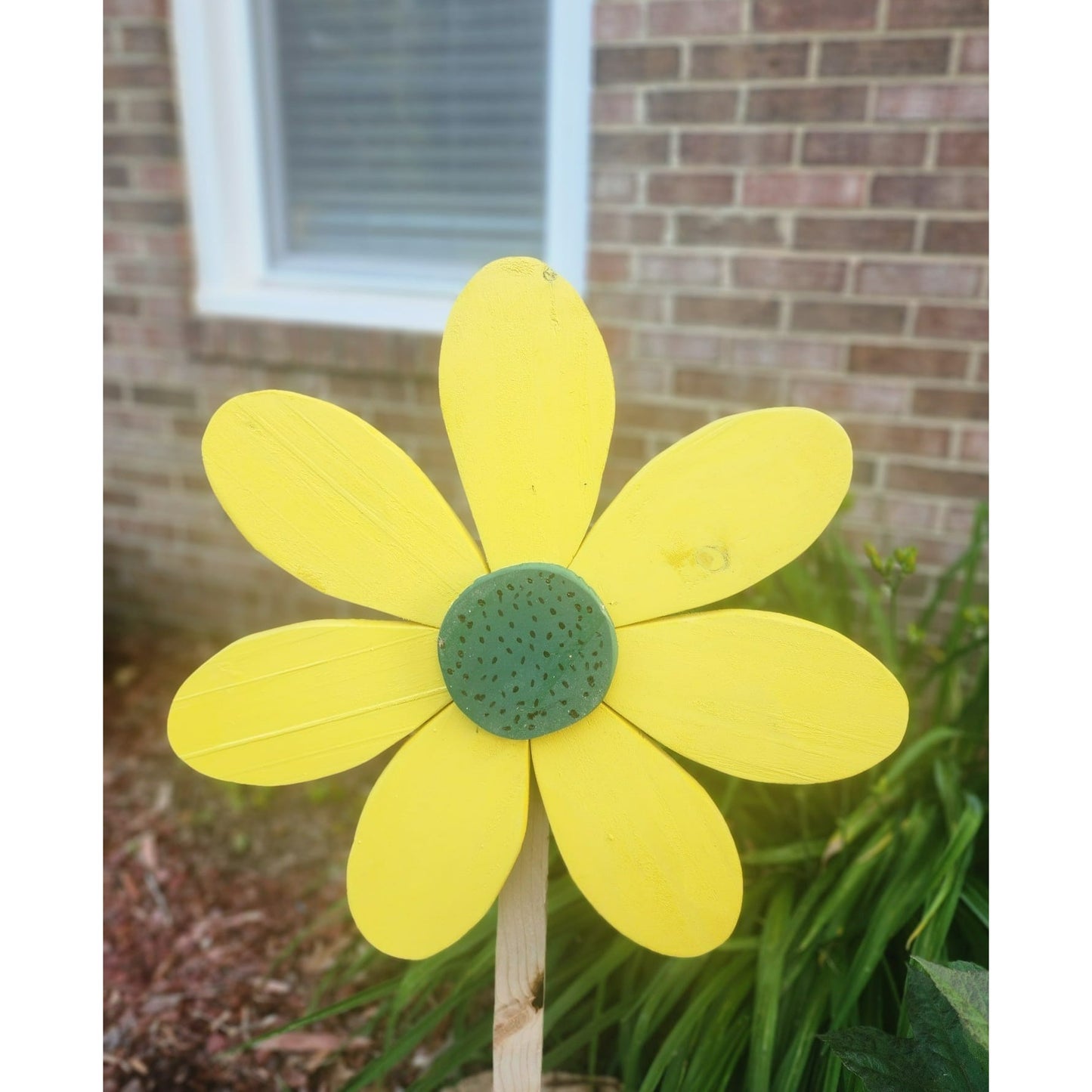 Whimsical Wooden Garden Flowers – Handcrafted Outdoor Decor for a Happy Spring Yard featuring a bright yellow flower.