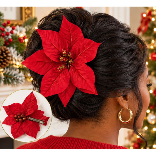 Christmas Red Velvet Poinsettia Hair Clip – Festive Holiday Flower Barrette, Glitter Accent, Women's Christmas Hair Accessory