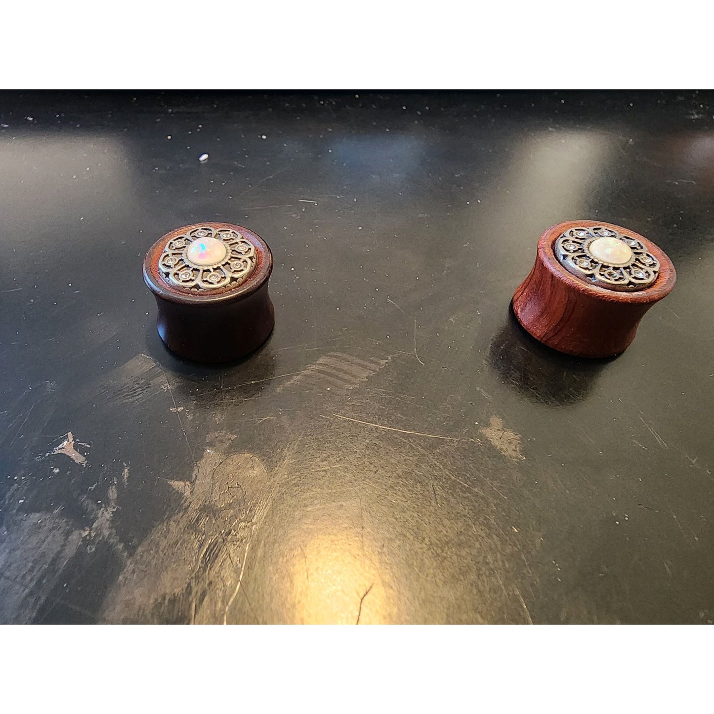 Vintage Style Wooden Ear Gauges With Opal Inlay