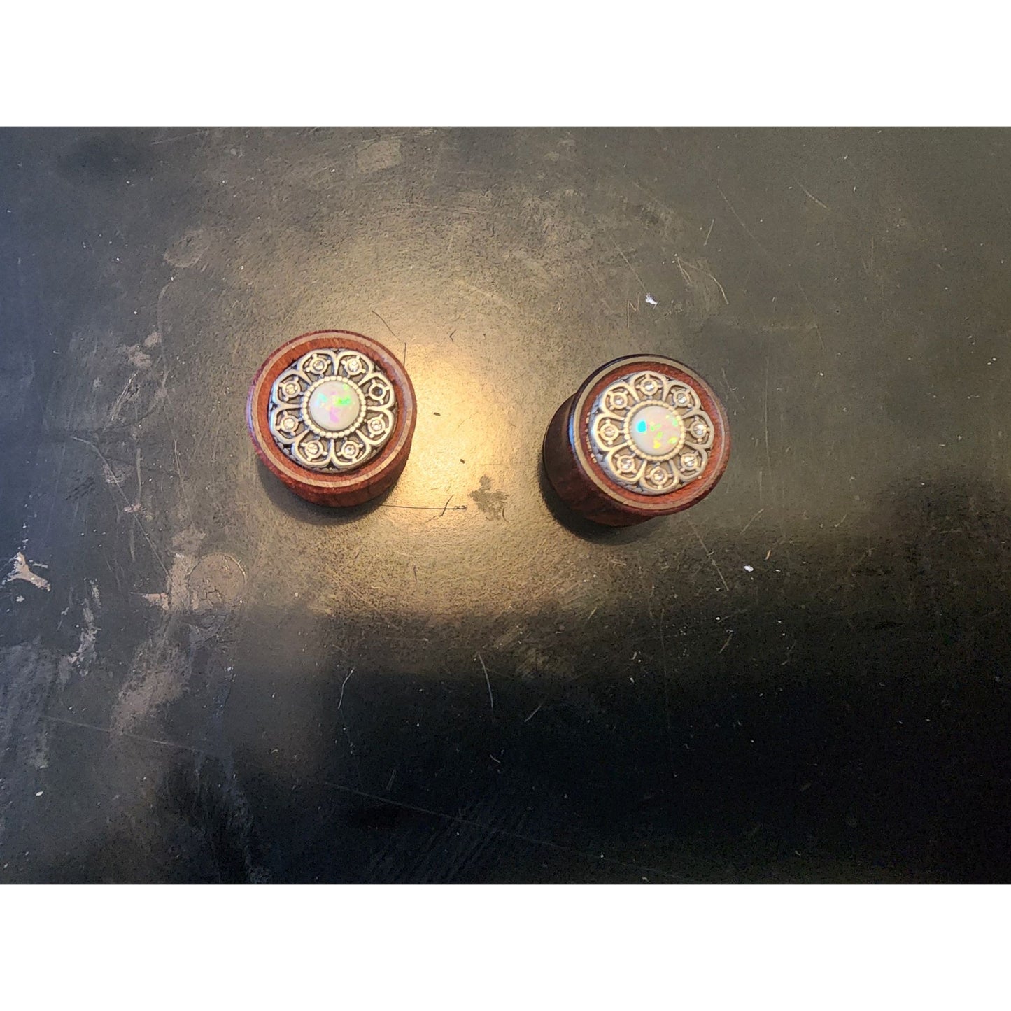 Vintage Style Wooden Ear Gauges With Opal Inlay