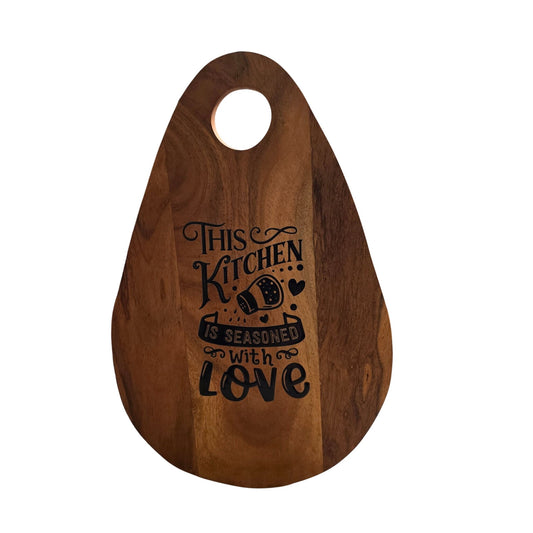 Handmade Acacia Wood Cutting Board With "This Kitchen Is Seasoned With Love" Engraving