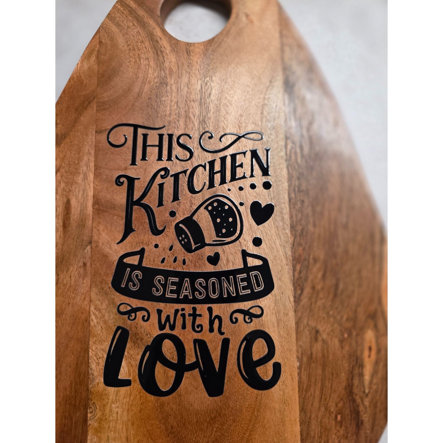Handmade Acacia Wood Cutting Board With "This Kitchen Is Seasoned With Love" Engraving