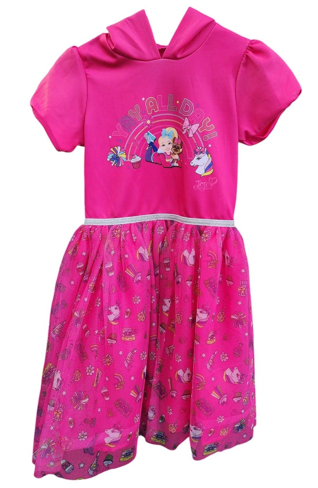 Pink children's dress with cartoon characters on a white background