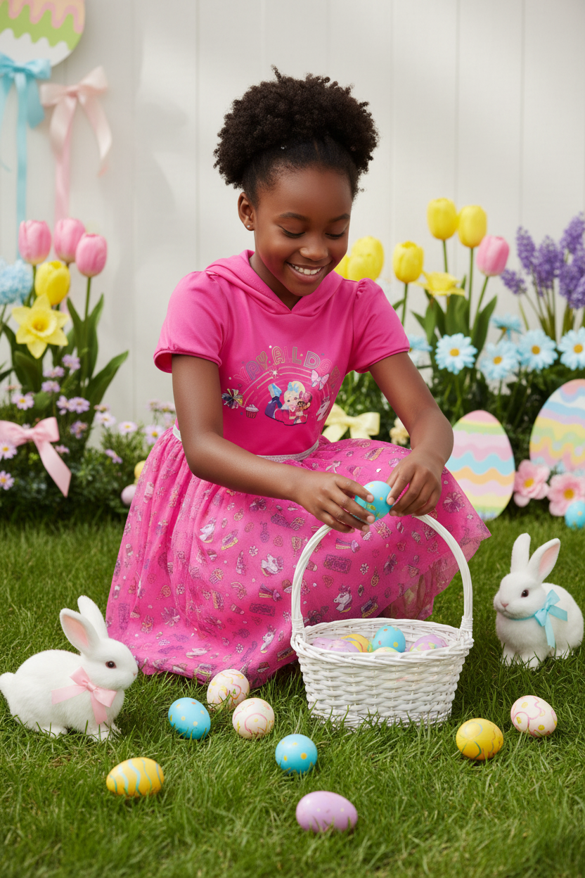 Pink children's dress with cartoon characters on a white background