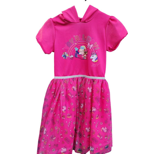 Jojo Siwa Girls Hot Pink "Yay All Day" Tulle Skirt Dress With Unicorn Print Hooded Short Sleeves Size M