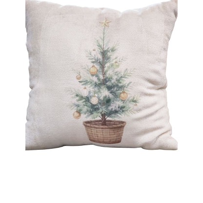 Handmade Christmas Pillow With Watercolor Tree Design 18"x18" Cream