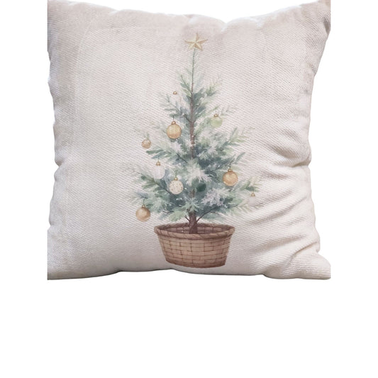 Handmade Christmas Pillow With Watercolor Tree Design 18"x18" Cream