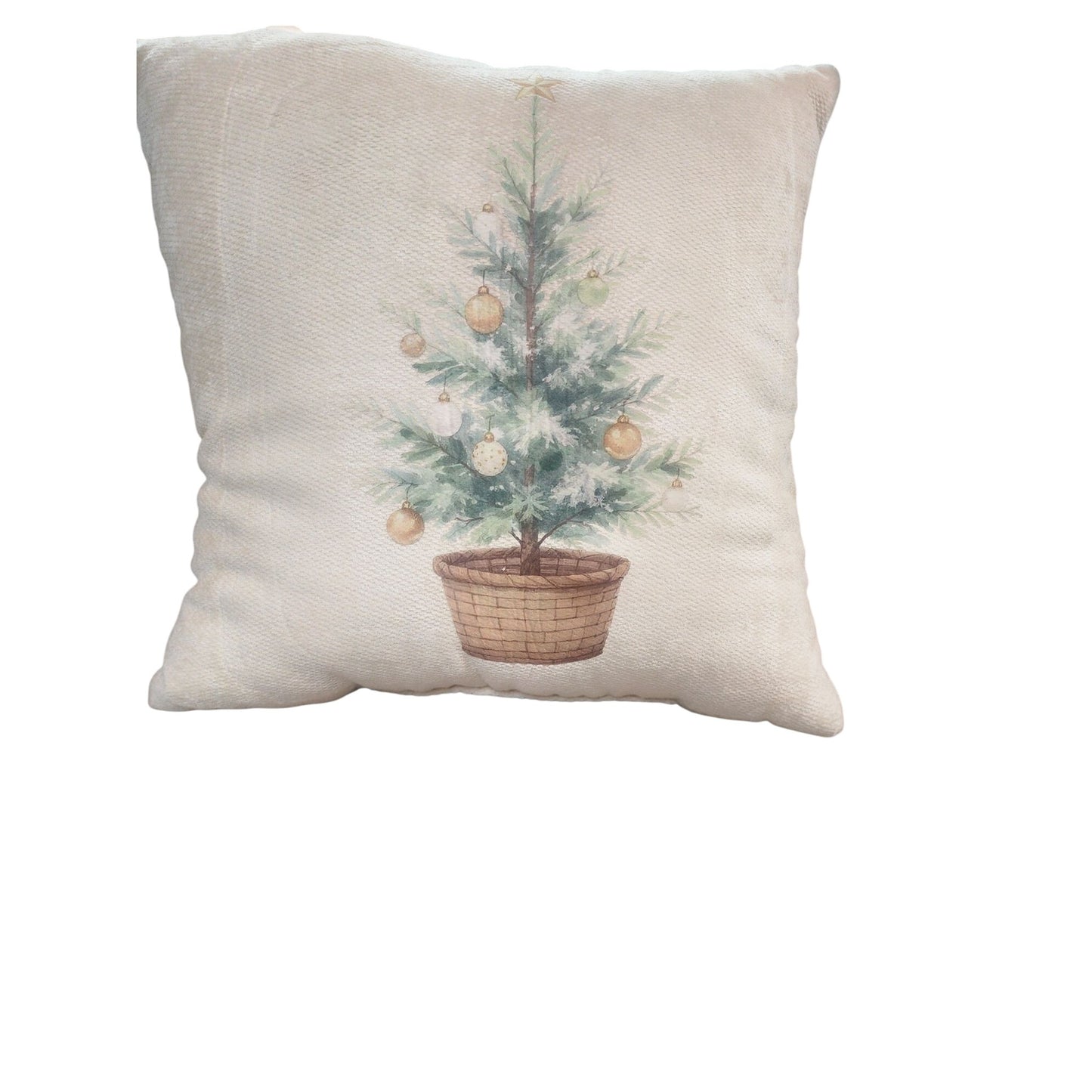 Handmade Christmas Pillow With Watercolor Tree Design 18"x18" Cream