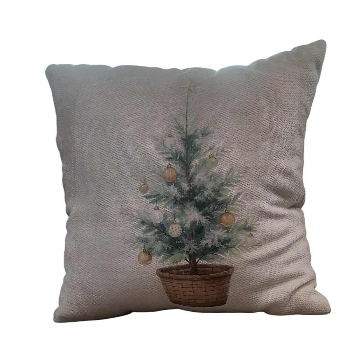 Handmade Christmas Pillow With Watercolor Tree Design 18"x18" Cream