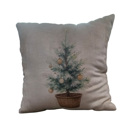 Handmade Christmas Pillow With Watercolor Tree Design 18"x18" Cream