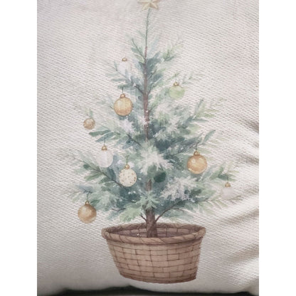 Handmade Christmas Pillow With Watercolor Tree Design 18"x18" Cream
