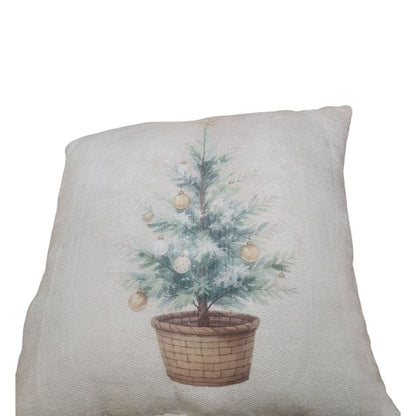 Handmade Christmas Pillow With Watercolor Tree Design 18"x18" Cream