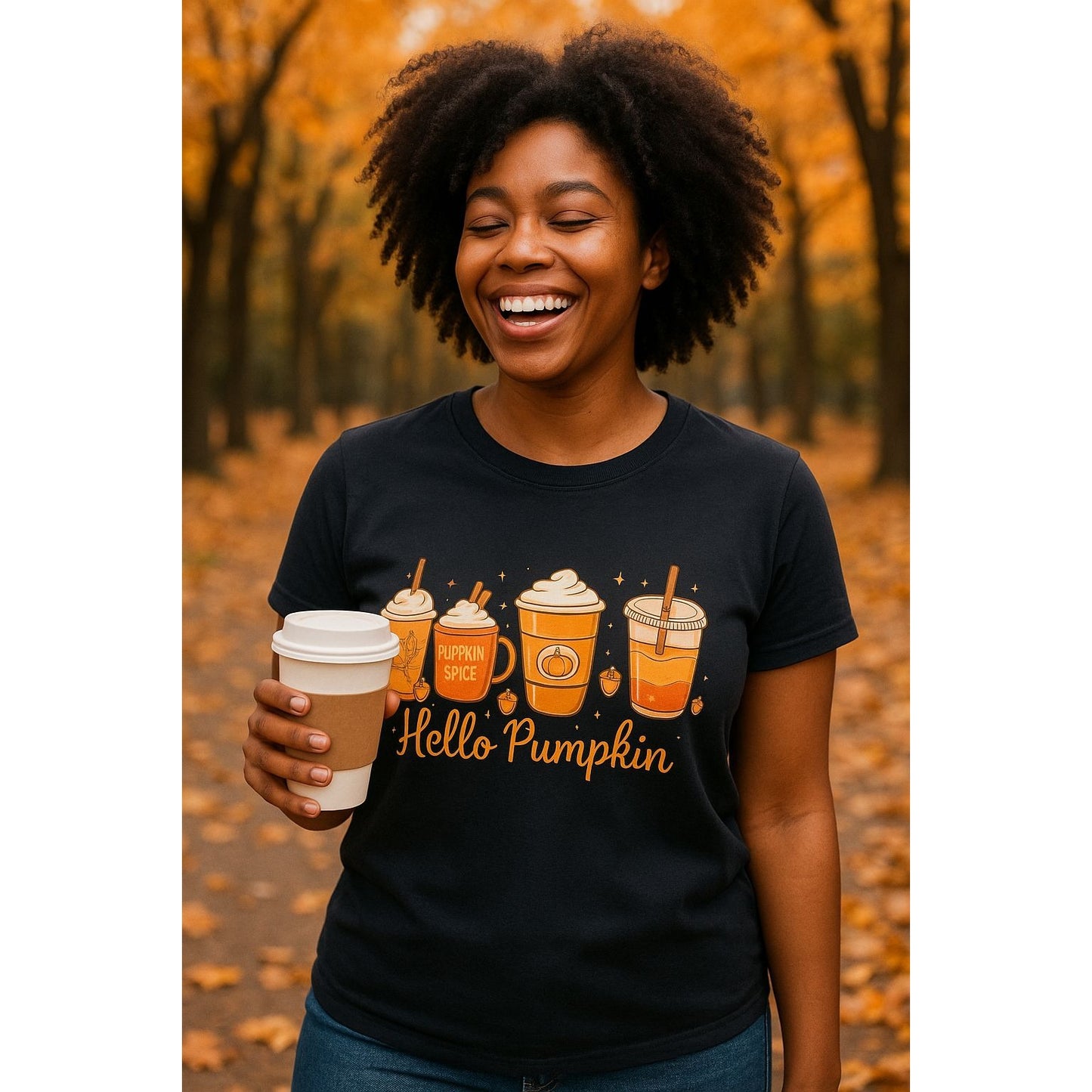 Cozy Seasonal Latte Lovers Large Pumpkin Spice Coffee Graphic Tee Black