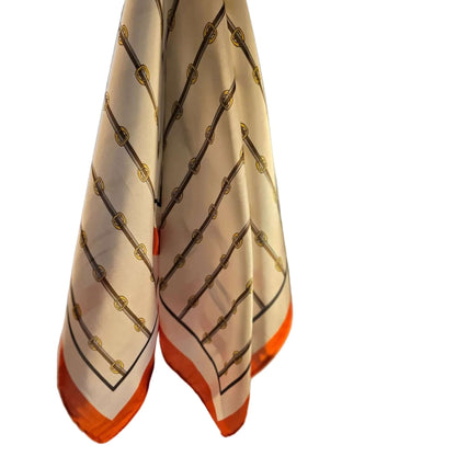 Vintage Equestrian Print Silk Scarf With Orange Border