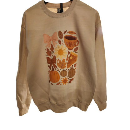 Pumpkin Spice & Cozy Vibes Fall Graphic Medium Sweatshirt Coffee, Pumpkin Pie & Leaves