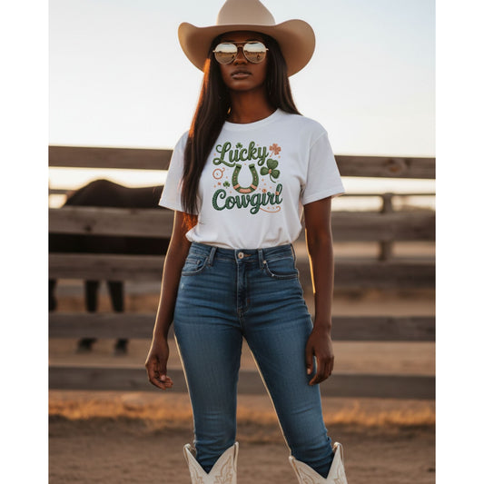 Lucky Cowgirl w/Horseshoe Western Graphic Tee – Women’s Country Rodeo Boutique Shirt
