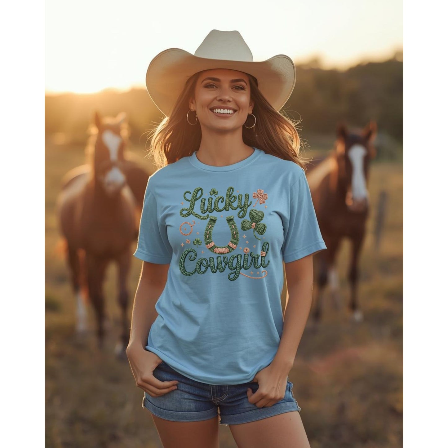 Lucky Cowgirl w/Horseshoe Western Graphic Tee – Women’s Country Rodeo Boutique Shirt