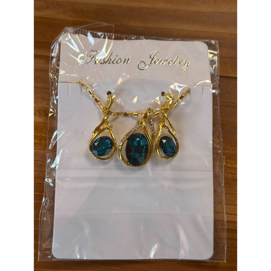 Gold-Tone Necklace & Earrings Set With Teardrop Green Crystal Pendant