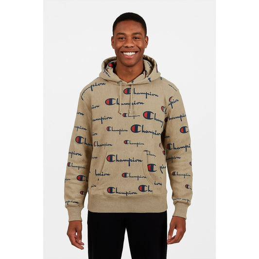 Champion Allover Print Hoodie Beige With Logo For Men Size L