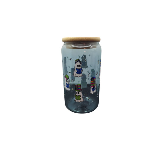 20oz Ghost-Themed Libbey Glass Tumbler With Bamboo Lid & Straw