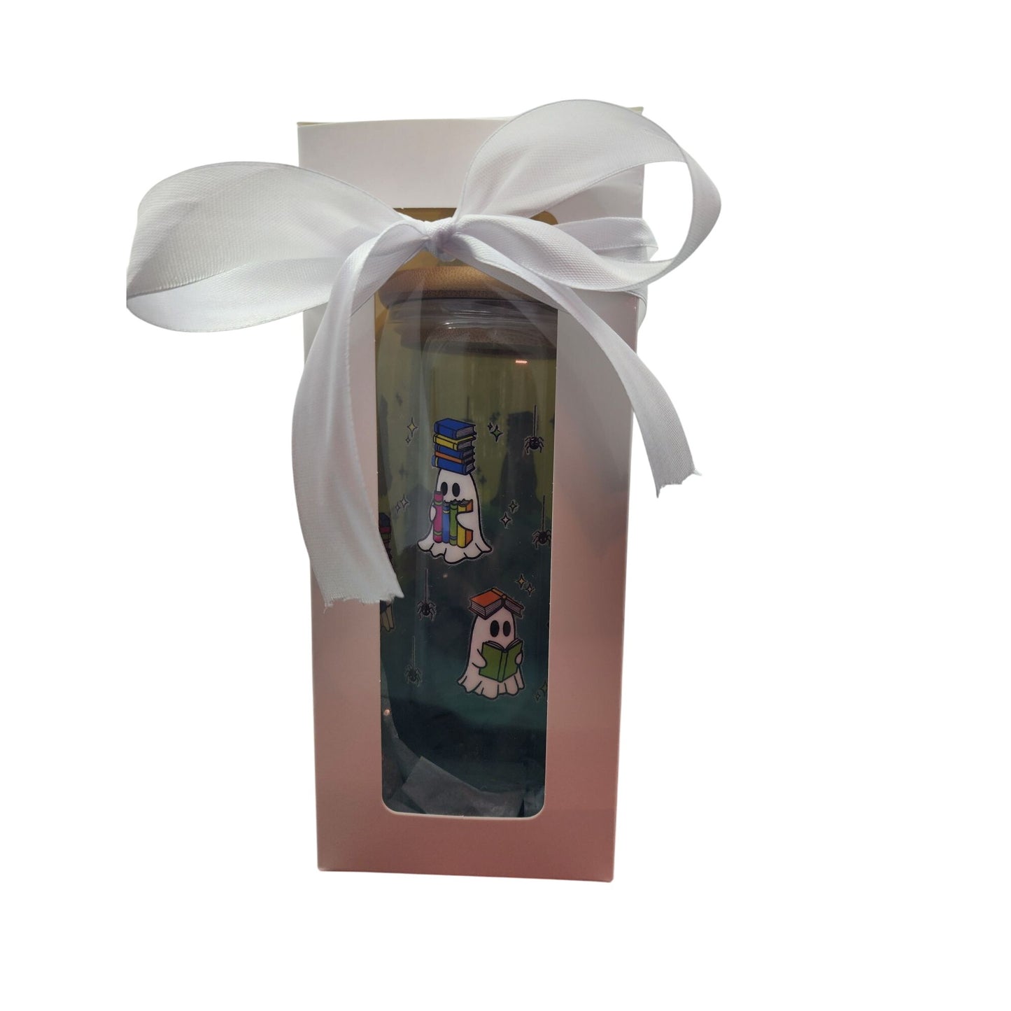 20oz Ghost-Themed Libbey Glass Tumbler With Bamboo Lid & Straw