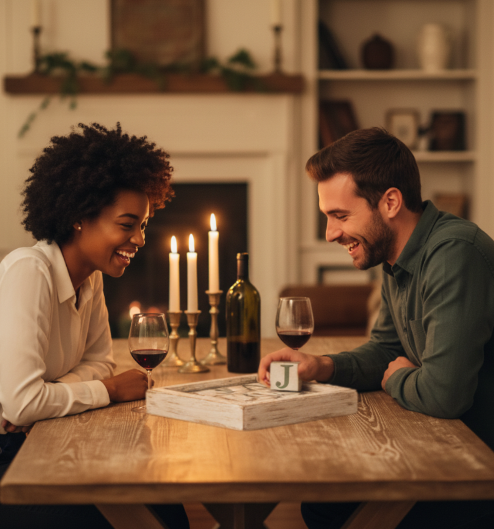 Man and woman sitting at a table with wine glasses, engaged in conversation. Playing a personalized version of Tic-Tac-Toe