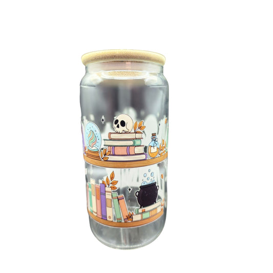 Halloween-Themed Glass Tumbler Cup With Bamboo Lid & Straw - Witchy Bookshelf Design