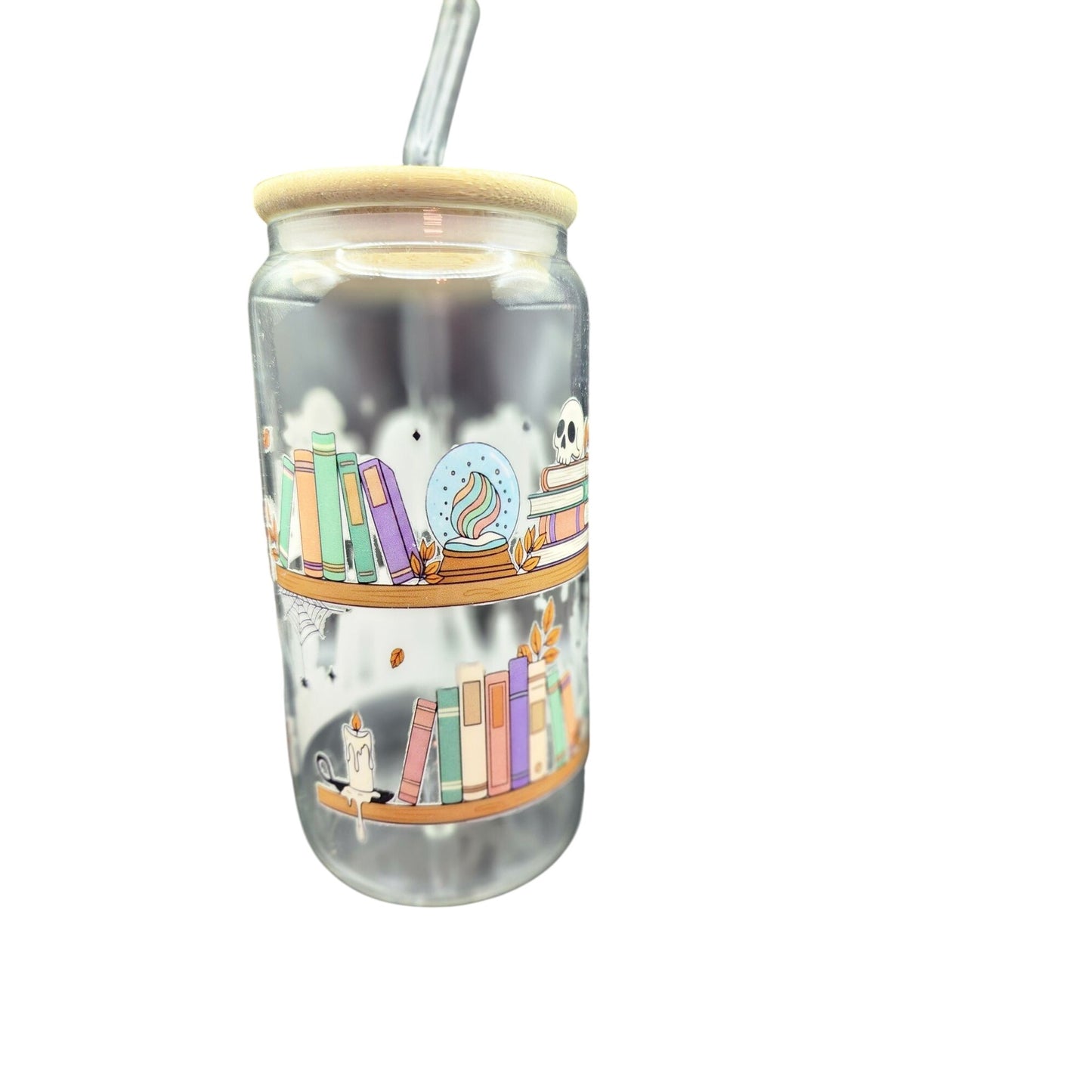 Halloween-Themed Glass Tumbler Cup With Bamboo Lid & Straw - Witchy Bookshelf Design