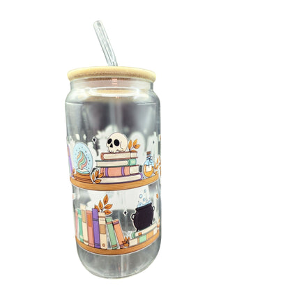 Halloween-Themed Glass Tumbler Cup With Bamboo Lid & Straw - Witchy Bookshelf Design