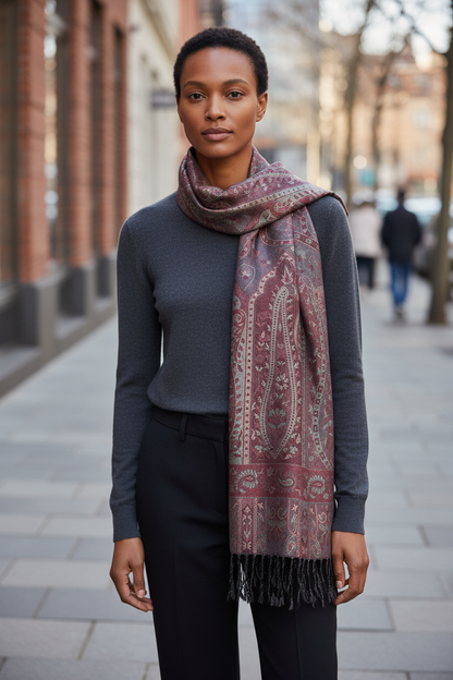 Vintage-Inspired Paisley Pattern Scarf With Fringe Red & Green Tones Soft Fabric Elegant Design