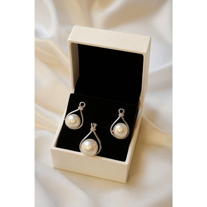 Sterling Silver & Faux Pearl Jewelry Set With Earrings & Pendant In Gift Box