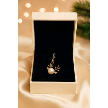 Reindeer Antler Necklace With Faux Pearl Pendant In Faux Gold Plating