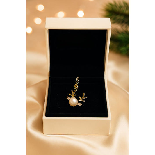 Reindeer Antler Necklace With Faux Pearl Pendant In Faux Gold Plating