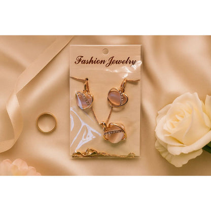 Rose Gold Necklace & Earrings Set With Pink Stone & Rhinestones