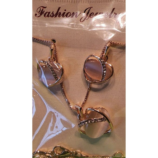 Rose Gold Heart Necklace & Earrings Set With Rhinestone Accents