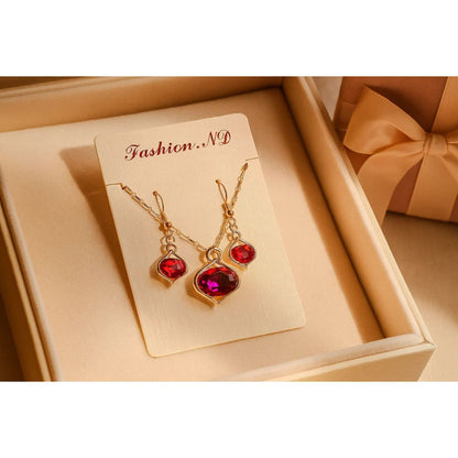 Red Gemstone Rose Gold Necklace & Earring Set