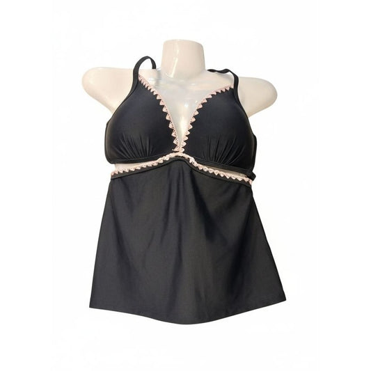 Hula Honey Womens Black & Pink Halter Tankini Swim Top With Crochet Trim - Size M